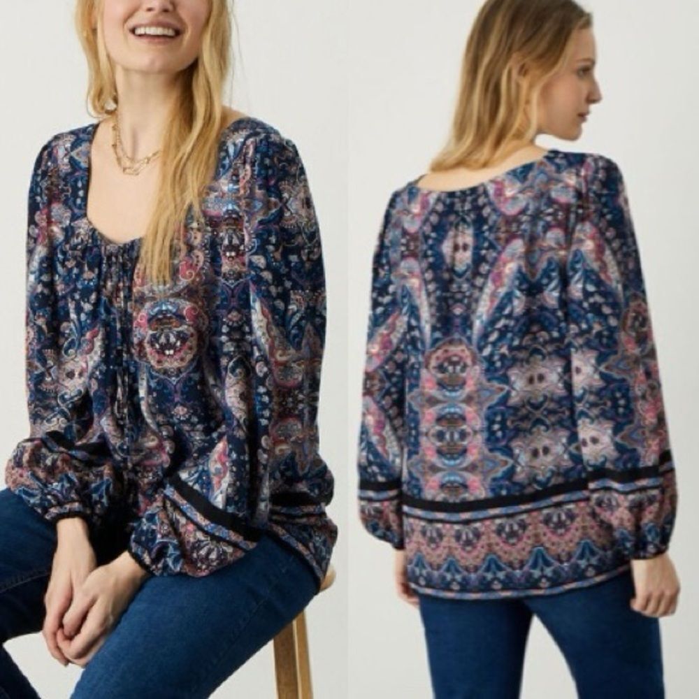Monsoon Elaina Navy Blue Multicolor Paisley Square Neck Top Sz 4 Boho Cottage